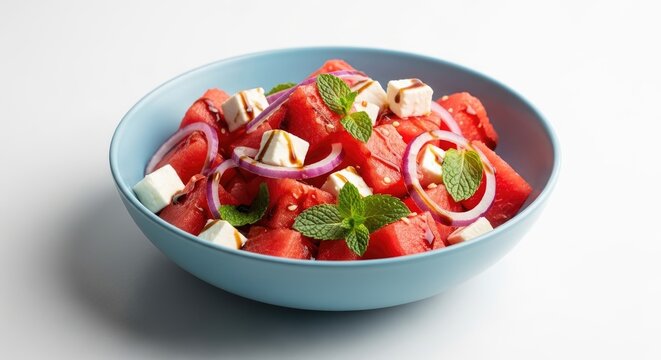 A blue bowl contains a refreshing watermelon salad. The salad features cubed watermelon, thinly sliced red onions, crumbled feta cheese, and fresh mint leaves.