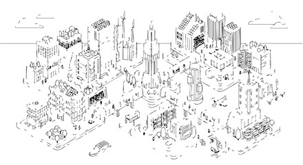 Obraz premium Black and white illustration of a cityscape with buildings and streets