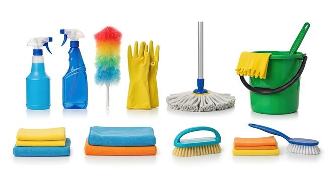 A collection of cleaning supplies is arranged on a white background. The items include spray bottles, a bucket, a mop, a dustpan and brush, microfiber cloths, gloves, and a feather duster.