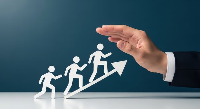 Hand guiding ascending figures on an upward slope with supportive upward-pointing arrow