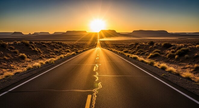 A long, straight road stretching into the distance with a bright sun shining overhead, casting a golden glow over the landscape.