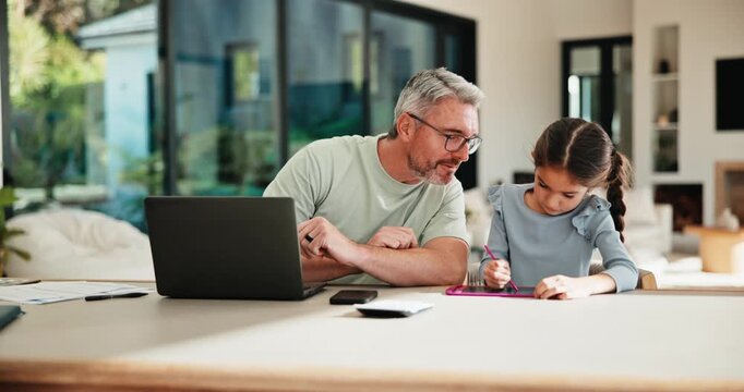Dad, remote work and child with homework in home, multitasking or accountant with laptop for project. Online, bookkeeper and mature person with tech for assignment, man and helping girl with task