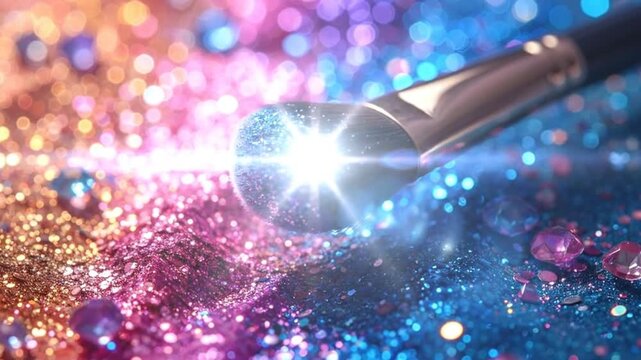 Makeup brush with colorful glitter on a vibrant, sparkling background