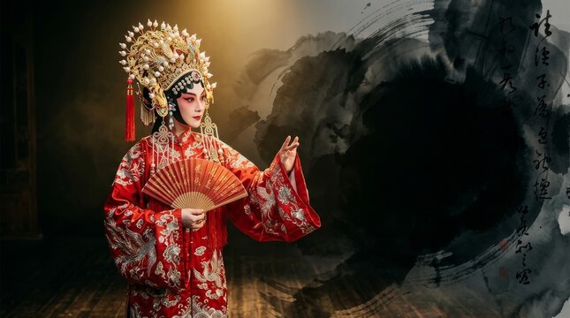 Traditional Chinese Peking Opera Performer in Elaborate Costume Holding a Fan