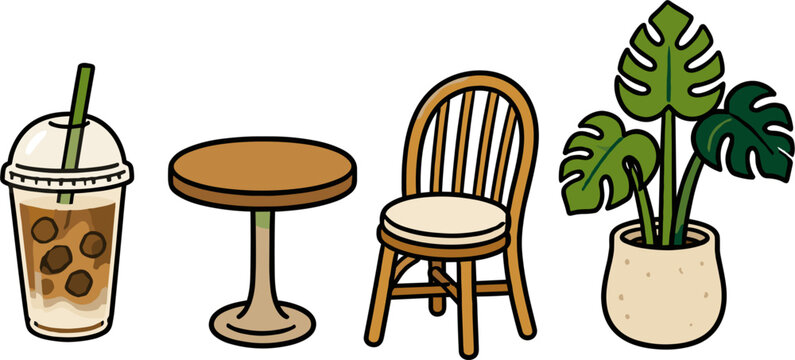 Set of pixel art cafe elements including boba tea, round table, wooden chair, and potted monstera plant for game design