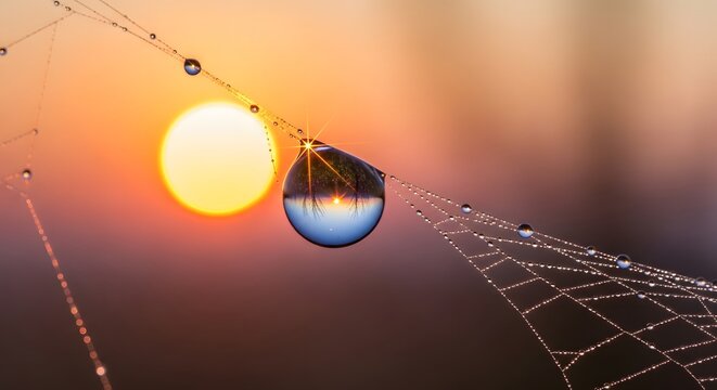 Water droplet on a spider web with a beautiful sunset background scene