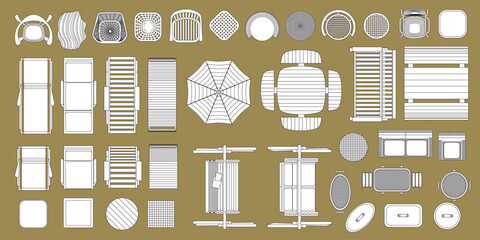 Fototapeta premium Top view line outline stroke collection of outdoor furniture and patio elements including lounge chairs, tables, umbrellas and garden seating. 