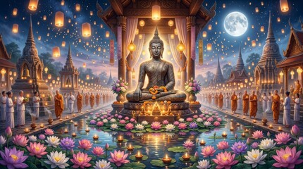 Fototapeta premium Buddha statue surrounded by monks and lotus flowers under a full moon at night.