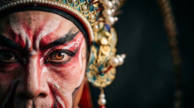Close-up of Peking Opera performer with dramatic face paint and ornate headdress