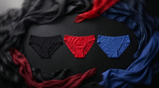 Different styles of women's panties in black red and blue colors