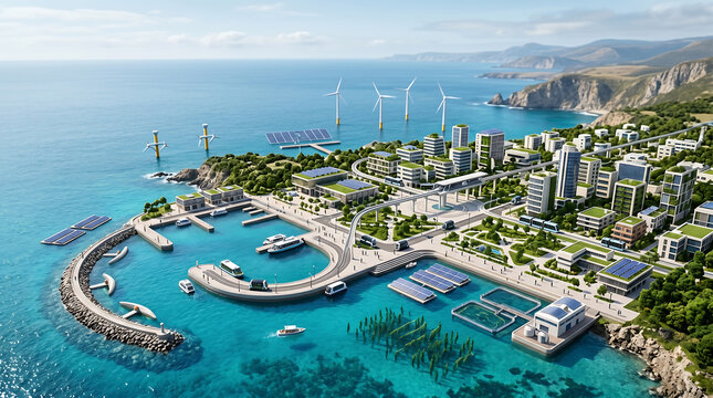 Aerial view of a futuristic miniature coastal smart city with modern buildings and wind turbines