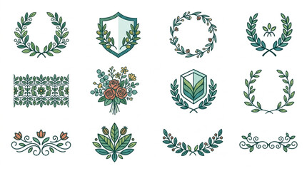 Collection of Decorative Laurel Wreaths and Floral Emblems. © Revan