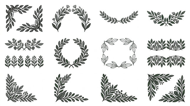 Collection of Decorative Laurel Wreaths and Corner Flourishes.