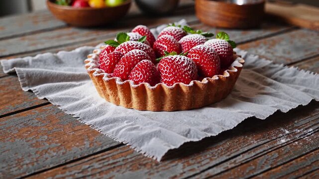 A freshly baked strawberry tart on a rustic wooden table. The tart is topped with vibrant red strawberries and a dusting of powdered sugar.