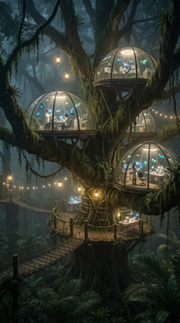 Scientists conduct research in a futuristic biolab located in a vibrant jungle ecosystem.