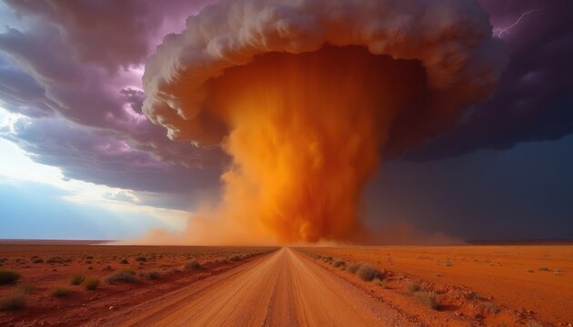 Massive dust devil swirls orange sand under dark stormy sky with lightning. Empty dirt road leads toward the intense twister in arid desert landscape.