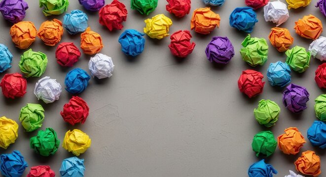 Colorful crumpled paper balls in vibrant shades arranged in a circular pattern
