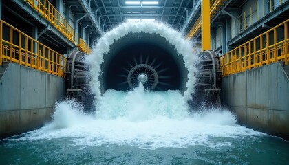 Fototapeta premium Water turbine mechanism in industrial setting. Powerful water flow moves through tunnel. Powerful machinery operates in water energy generation facility.