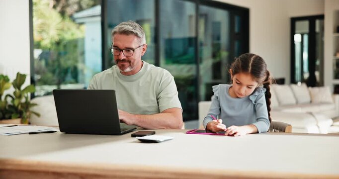 Dad, online and child with homework in home, multitasking or accountant with laptop for remote work. Happy, bookkeeper and mature person with tech for assignment, man and helping girl with project