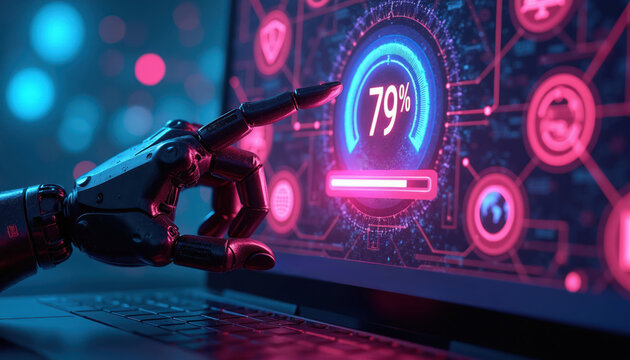 Robotic hand points at progress bar on futuristic screen showing 79 completion. Digital interface displays tech icons and loading animation. Automation and system update concept.