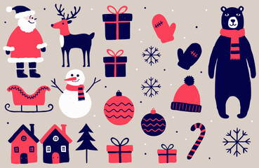 Fototapeta premium A collection of cute hand-drawn Christmas and winter illustrations in a navy blue, coral red, and white color palette on a beige background. It features holiday characters and objects including Santa 