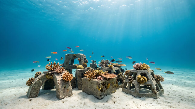 An offshore floating solar panel installation sits underwater with coral and fish