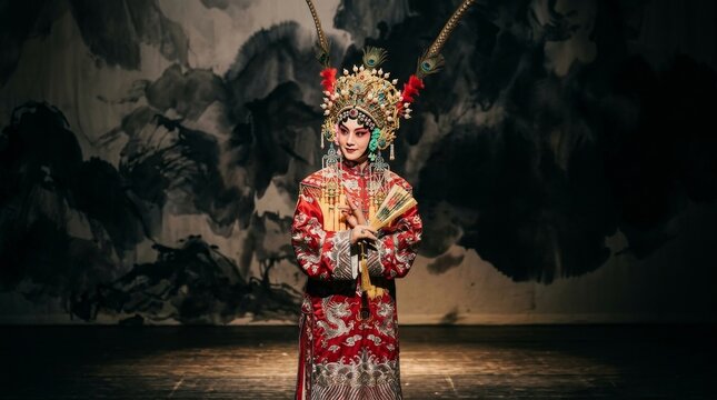 Peking Opera Performer in Elaborate Costume and Headdress on Stage