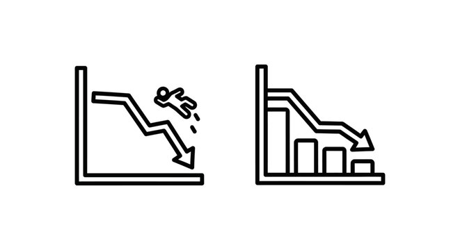 Drop-off rate and drop-off chart icons displaying declining trends and falling figure with decrease downward statistic analytics business performance illustration isolated progress