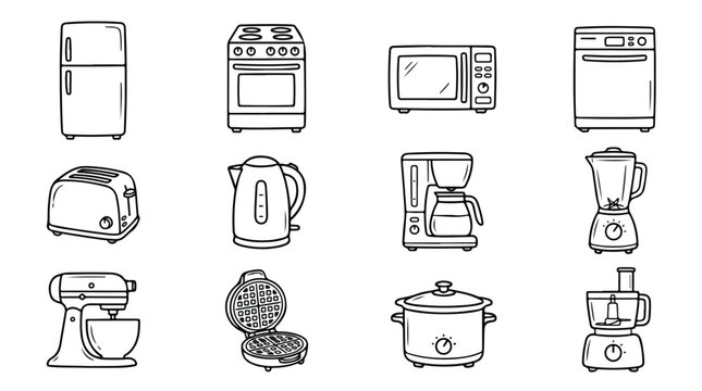 Hand drawn kitchen appliances icon set, 12 black and white doodle vector elements, household electronics and cooking equipment for home interior design