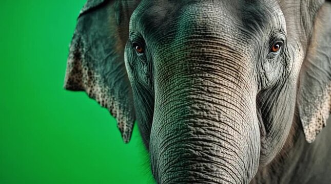 Majestic Asian Elephant Close Up Portrait on Green Studio Backdrop 4K