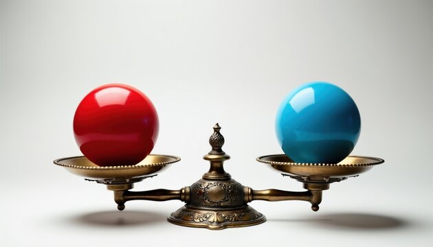 Antique brass scale holds red and blue spheres on pans. Object shows comparison or balance between two different items. Concept of weighing choices or options visually.