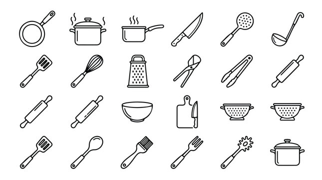 Minimalist kitchen icon set, 24 line art cooking utensils and culinary equipment, professional chef tools vector collection for restaurant menus