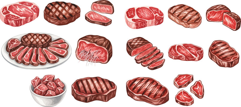 Collection of various raw and grilled meat cuts, including steaks, slices, and cubes, showcasing different preparations and textures.