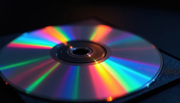 Compact disc reflects rainbow light spectrum in radial pattern. Shiny circular surface shows optical diffraction. Digital media disk with vibrant colorful grooves, data storage.
