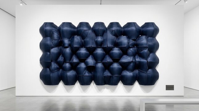 Indigo carbon fiber ceramic relief in minimalist exhibition space