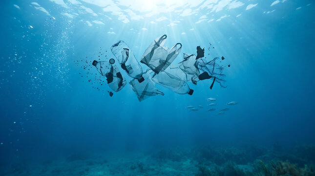 Ocean pollution macro close-up scene with foam and plastic debris floating underwater near coral reef ecosystem