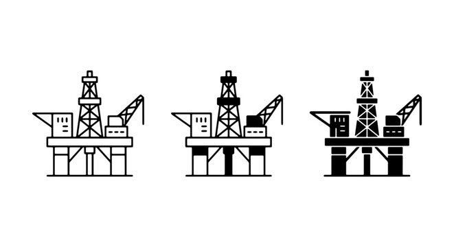 Offshore Oil Rig Icons, Industrial Platform Vector Set, Energy Extraction Equipment Graphics