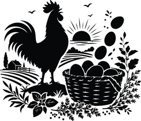 Farm Rooster Egg Basket Silhouette Vector for Organic Food, Agriculture, Easter, Packaging and Logo Design © ideaznine
