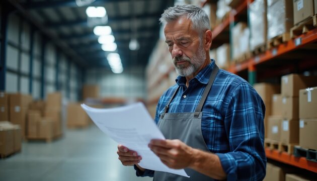 Warehouse manager reads paperwork in storage facility. He checks inventory levels, manages goods, and plans operations in large distribution center. Man wears apron, focused on task.