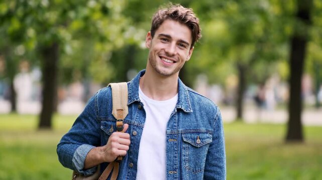 Portrait of a happy young man student smiling at the camera in a green summer park, wearing a denim jacket and backpack. Education, university lifestyle and positive emotions concept.
