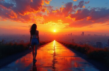 Obraz premium Woman walks on wet road towards bright sun over cityscape. Fiery sky clouds glow orange and blue. City skyline fades in distance. Journey towards new beginnings.
