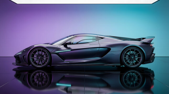 Futuristic hypercar in glossy studio reflection with neon lighting