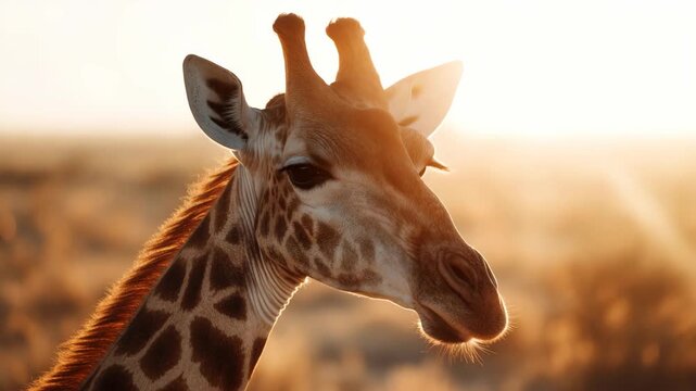 Giraffe head portrait at sunset in savanna