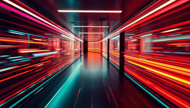 Abstract background of a fast underground metro train and car traffic light trails blurring through a night city tunnel highway