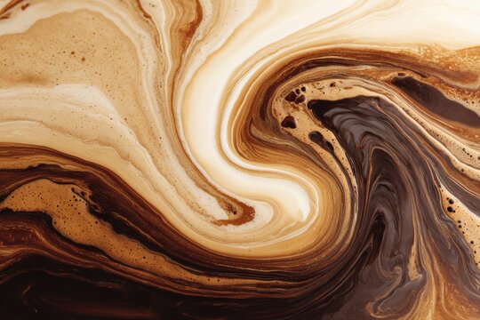 Fluid swirl of natural cream and coffee photographed from above, creating organic marbling effect. Latte art, coffee mixing, abstract beverage texture.