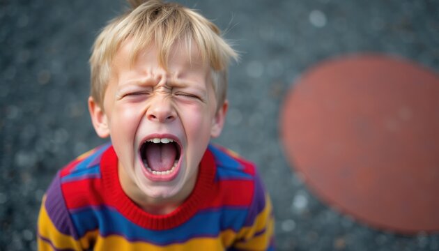 Young boy screams with eyes shut tight and mouth wide open. Child has blond hair, wears striped jumper. Toddler displays strong emotion outdoors.