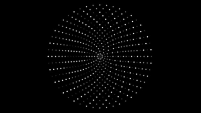 White Glowing Dot Mandala Radial Pattern Spinning Abstract Dark Background 4K Loop Motion Graphic For Futuristic Geometric Sacred Spiritual Science Technology Design