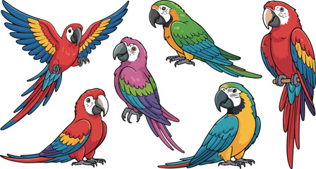 Colorful tropical parrot series featuring seven macaws in dynamic poses flying standing and perched arranged in artistic decorative composition on white © Quadra