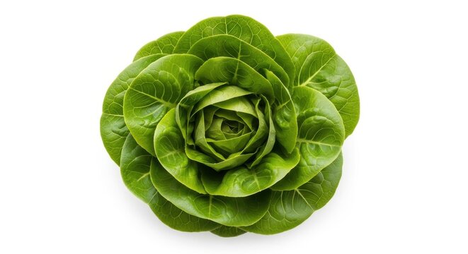Fresh Green Butterhead Lettuce Head Isolated on White Background, Top View of Organic Salad Vegetable
