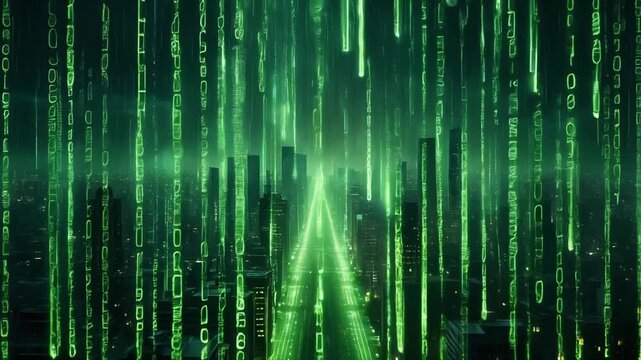 Glowing digital rain falling over a modern metropolis skyline creates a surreal cinematic atmosphere in this high quality motion video